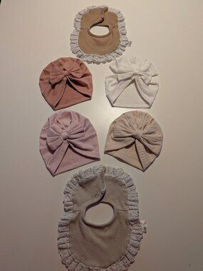 Snug Baby Girl Hat Bib Set Bow Turban Lace Cotton Pink Beige White Bundle